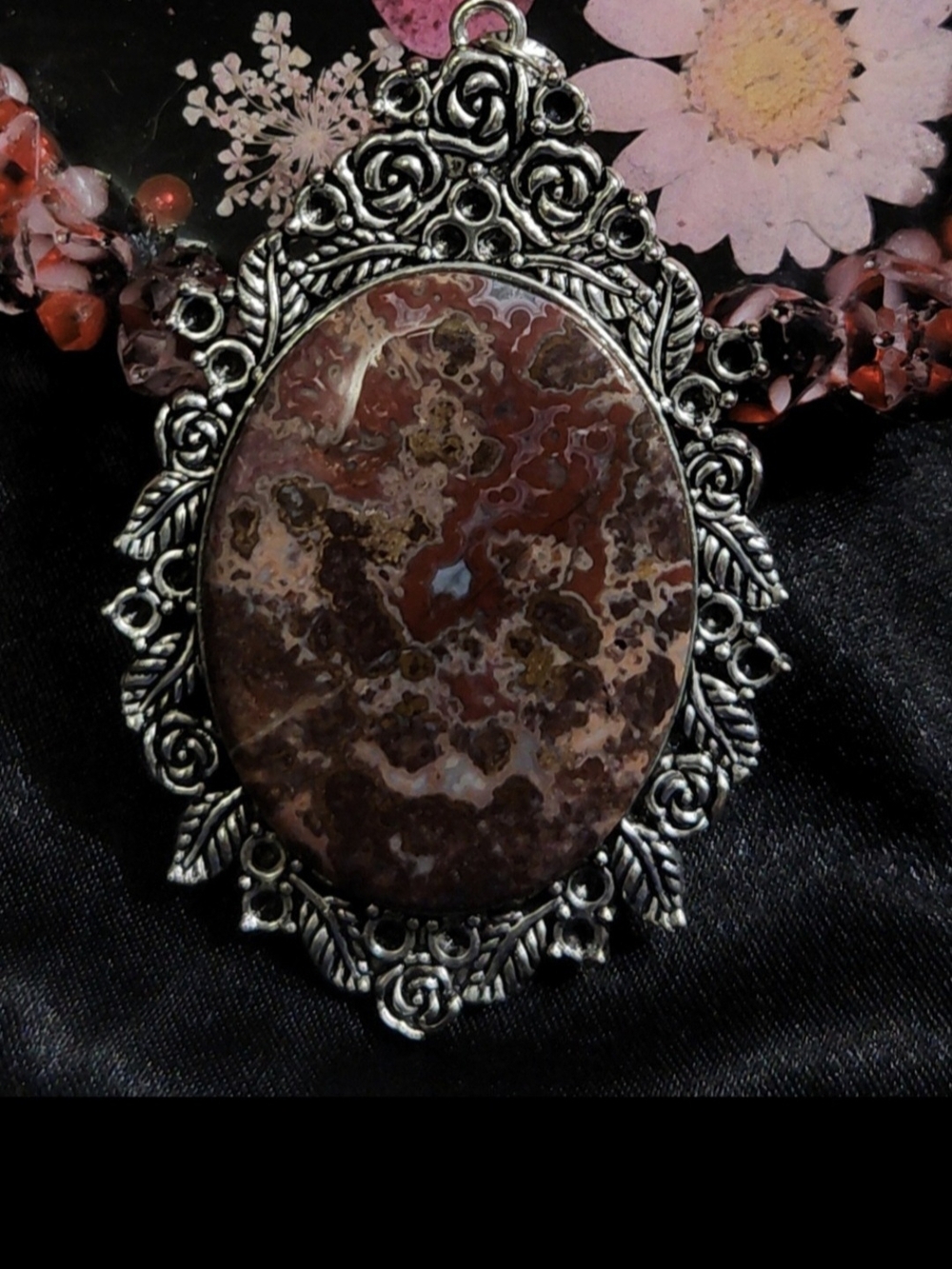 X- Lg,Natural, Jasper Colorful Oval Statement Pendant/ Red, Browns And Tan Color